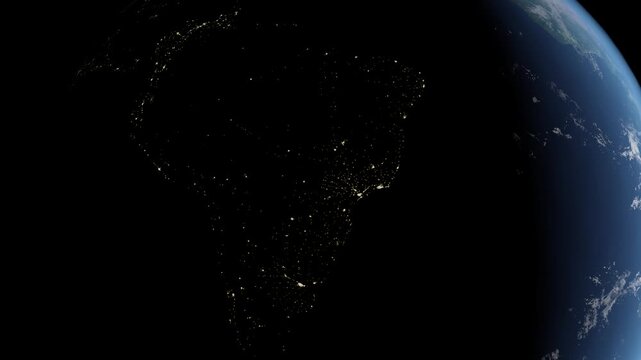 Brazil, Peru, Bolivia, Ecuador, Colombia at night from space slow zoom into orbiting earth