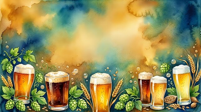Watercolor beer glasses with hops and barley on textured background for brewery advertising, Oktoberfest celebrations, craft beer promotions and pub decorations.