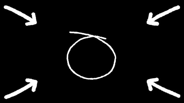 Four Arrows Pointing to Center Circle: A graphic illustration featuring four white arrows converging towards a central white circle on a black background, symbolizing focus or convergence.
