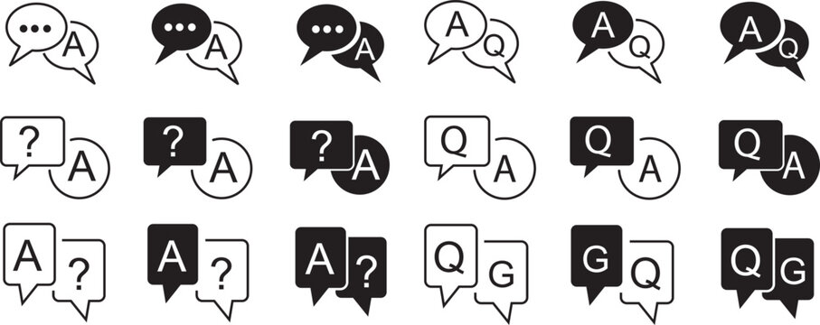 Print0Question and answer icon set. Chat, speak bubble, Q and A, ask, support, dialog, help center symbol on white background . app or design element. dialog, help center on png background. Q&A and FA