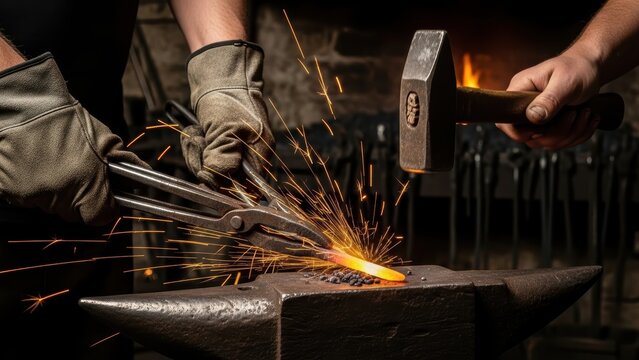 A close-up of a blacksmith shaping a hot, glowing piece of iron on an anvil with a hammer.