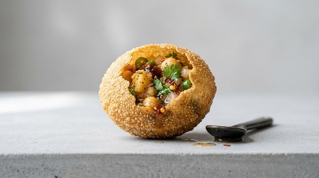 Crispy golgappa with spicy potato and chickpea filling, garnished with fresh cilantro, on a light gray surface, street food delight.