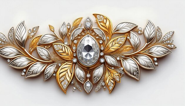 broach with golden and silver leaves and diamonds isolated on white created with generative ai