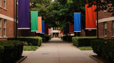 Fototapeta premium Campus walkway with tall colorful banners flanking sides. Buildings and trees line path. Lush green bushes border paved walkway leading to entrance.