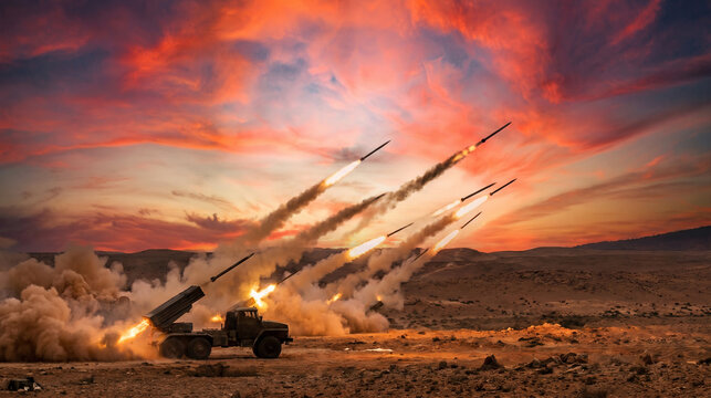 Multiple rockets launching from a military vehicle at sunset