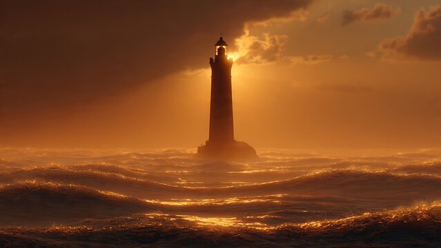 Golden sunset over ocean horizon with lighthouse beam.