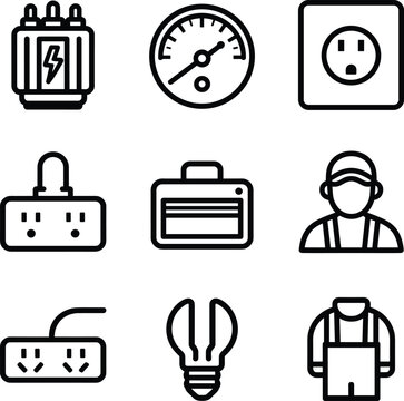Residential household power connection and domestic electrical grid system line icons set featuring multi plug strip voltmeter generator energy saving bulb and handyman avatar.
