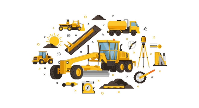 Heavy Road Construction Machinery Vector Illustration: Motor Grader, Water Truck, and Surveying Equipment for Civil Engineering Projects