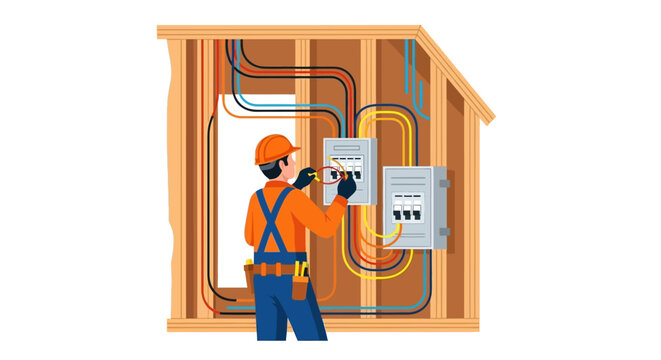 Professional Electrician Installing Electrical Wiring and Circuit Breaker Panel in a Home Construction Site, Flat Vector Illustration