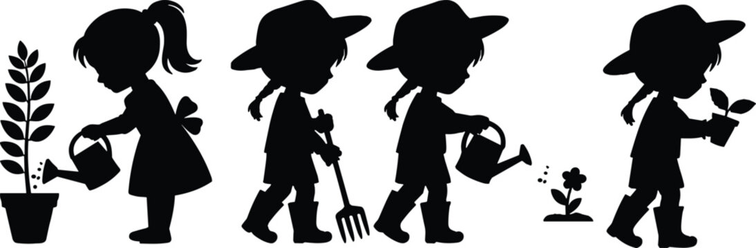 Set of little children silhouettes gardening featuring kids watering potted plants digging with pitchfork and carrying plant pot for backyard agriculture or farm school concept.
