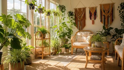 Fototapeta premium A relaxing bohemian-style room filled with hanging and potted green plants in bright sunshine.