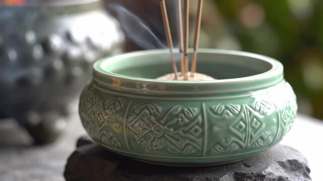 Incense sticks burning in a decorative green ceramic censer. White smoke swirling and rising in slow motion. Traditional aromatherapy and meditation concept