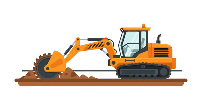 Heavy Duty Crawler Trencher Machine with Rock Saw Excavator Attachment for Construction and Infrastructure Road Work Vector Illustration