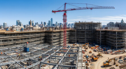 Naklejka premium Large Scale Urban Construction Site with Tower Crane and Skyline