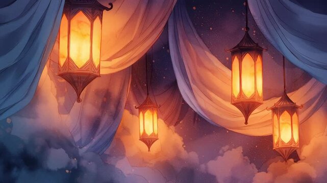 Glowing lanterns hang with fabric drapes for a traditional celebration