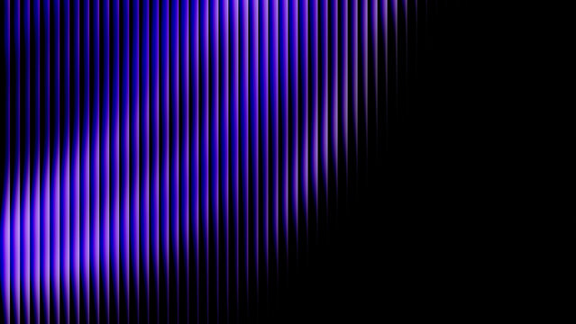 Abstract vertical glowing purple lines creating a dynamic wave pattern against a deep black background for modern digital technology and futuristic design projects