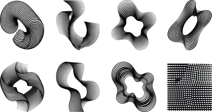 Abstract black and white linear vector shapes set with wavy distorted geometric lines and moire effect patterns for modern graphic design