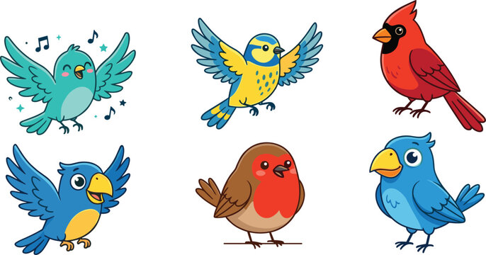 Collection of cute cartoon bird characters including cardinal robin and blue jay flying and perched isolated on white background for children design