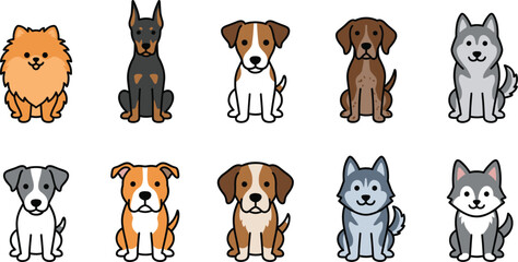 Collection of ten cute cartoon dog breed icons including husky doberman and pomeranian isolated on white background for veterinary or pet care design © MdAsikul