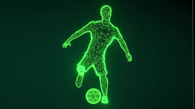 video turn 360 soccer player in action shown in a running position, with his body slightly turned to the side, appears to be made up of a polygonal pattern, giving it a 3D effect.