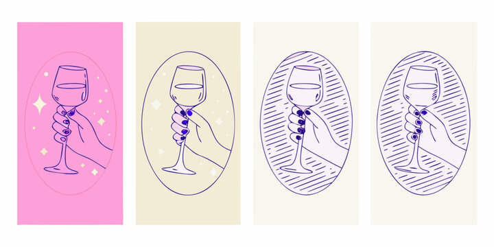 Line art illustration of hands holding wine glasses four panel set