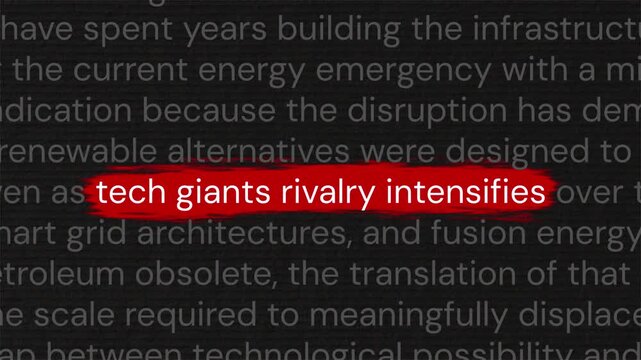 Tech giants rivalry intensifies bold red headline animation in documentary paragraph style for business and finance reporting
