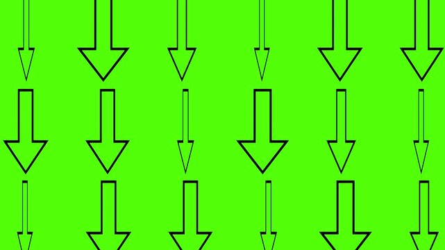 Arrows Downward Flow: A seamless pattern of black outline arrows pointing downwards against a vibrant green background, creating a sense of direction, movement, or descent.