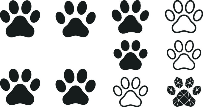 Large collection of dog and cat paw print icons in various styles including silhouette outline textured and geometric low poly designs