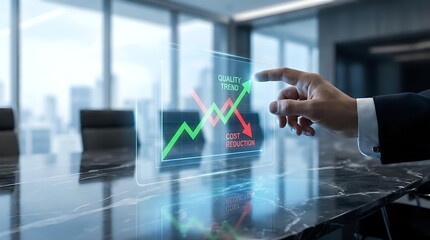 Fototapeta premium Businessman hand touching holographic financial graph display showing growth analytics in modern office environment for business presentations.