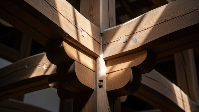 Sunlight highlighting the complex joinery of wooden beams in traditional Japanese architecture.