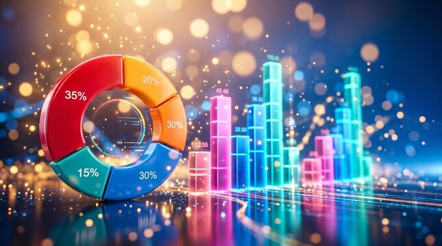 Colorful pie chart, bar graph elements illustrate financial data analysis. Circle segments show budget breakdown, investment trends, economic performance. Abstract business concept with bokeh ... See 