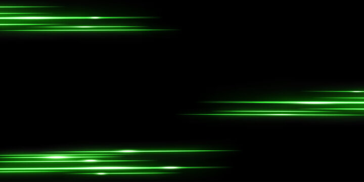 Green laser beams, glowing stripes. Abstract vector illustration on black background.