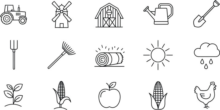 Farm icons set silhouette agriculture and rural life isolated on transparent background