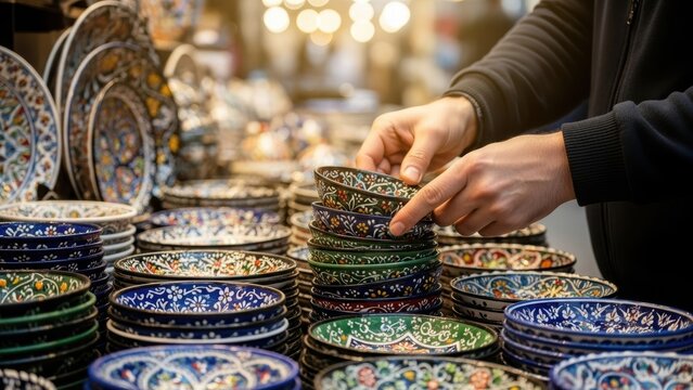 A person's hands selecting a stack of colorful, hand-painted ceramic bowls at an outdoor market.