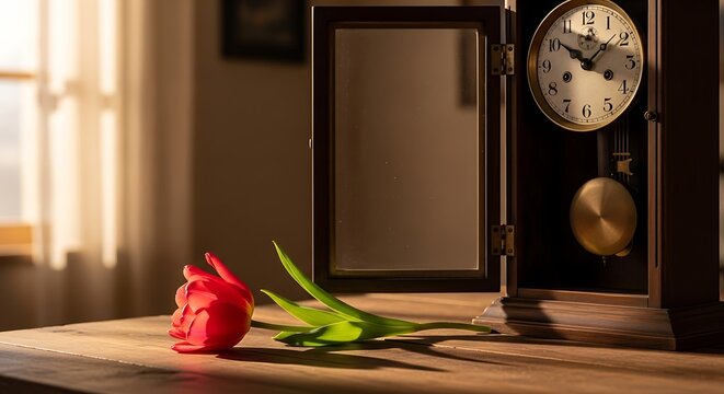 Tulip and pendulum clock still life