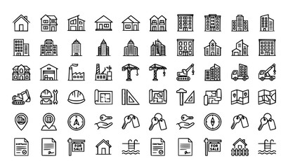 Minimal building line art vector set with real estate property and architecture icons © Jahangir