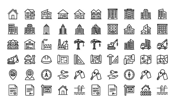Minimal building line art vector set with real estate property and architecture icons