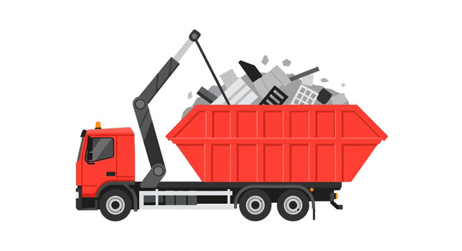 Red Skip Loader Truck with Construction Waste Container Vector Illustration