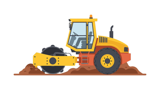 Yellow Road Roller Vector Illustration: Heavy Construction Machinery for Soil Compaction and Pavement Works Isolated on White