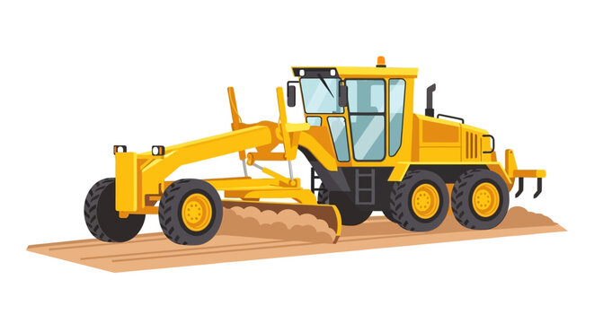 Yellow Motor Grader Construction Vehicle Leveling Dirt Road, Vector Illustration Isolated on White