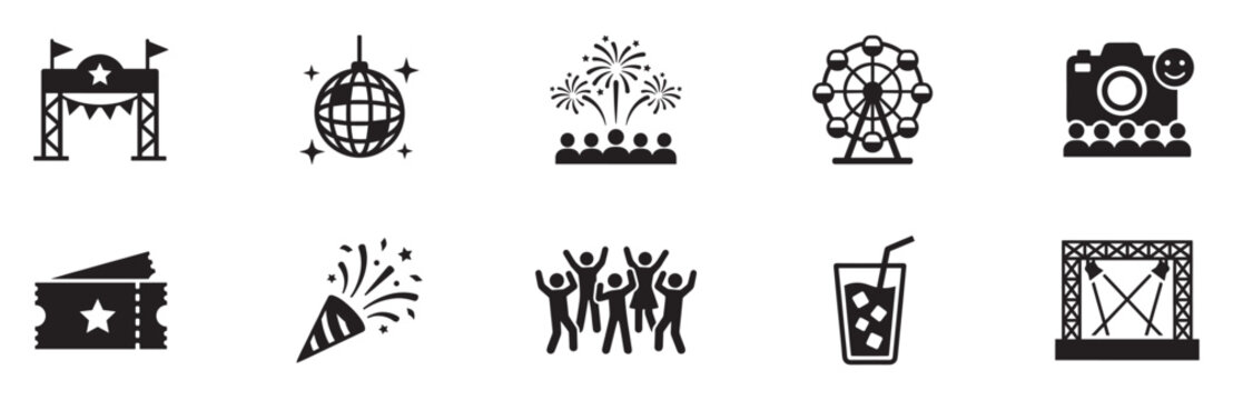 Festival and party celebration icon set. Concert stage, fireworks, disco ball, ferris wheel and amusement park entertainment symbols. Vector illustration.