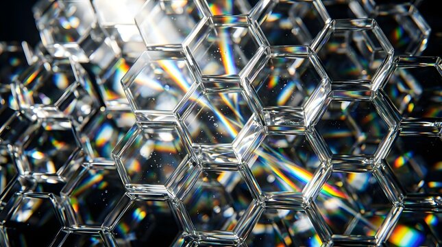 Glass effect hexagonal prism reflections with rainbow light refractions