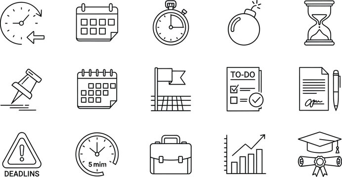Silhouette icons of time management and organization isolated on transparent background
