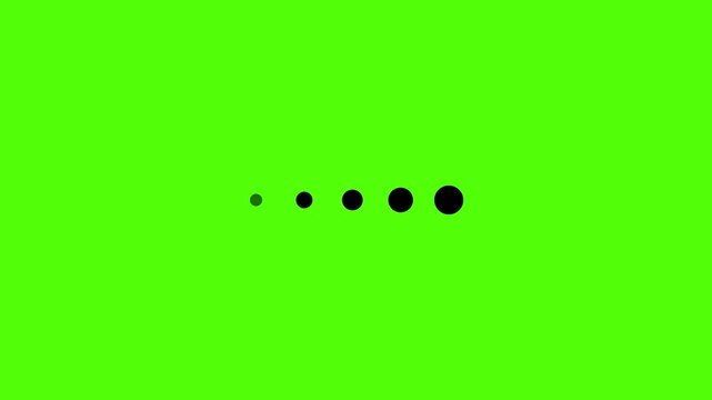 Abstract Sequence: A series of black dots of increasing size are arranged horizontally against a vibrant green background, creating a minimalist and abstract visual.