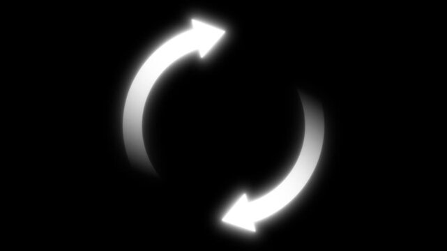 Circular Arrows in Motion: Two white, glowing arrows form a continuous circular loop, symbolizing repetition, process, or a cycle of change against a stark black background.
