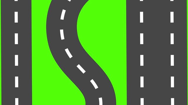 Roads on Green Background: A graphic illustration depicting two straight asphalt roads parallel to each other and a winding road in the middle against a vibrant green backdrop.