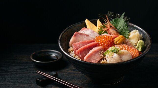 漆黒の背景に美しく盛られた、日本の伝統的な海鮮丼。マグロ、サーモン、ウニ、いくら、ホタテなど極上のネタの質感がドラマチックな陰影で浮かび上がる、高級和食のクローズアップ写真