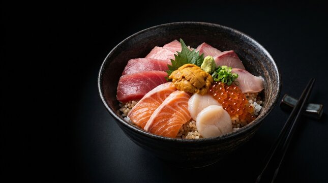 漆黒の背景に美しく盛られた、日本の伝統的な海鮮丼。マグロ、サーモン、ウニ、いくら、ホタテなど極上のネタの質感がドラマチックな陰影で浮かび上がる、高級和食のクローズアップ写真
