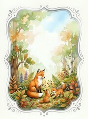 Naklejka premium Watercolor fox family in an autumn forest glade, ornate frame with copy space, soft nature scene for nursery prints, cards, and decor.