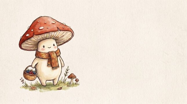 Mushroom Character with Berry Basket in Woodland Scene